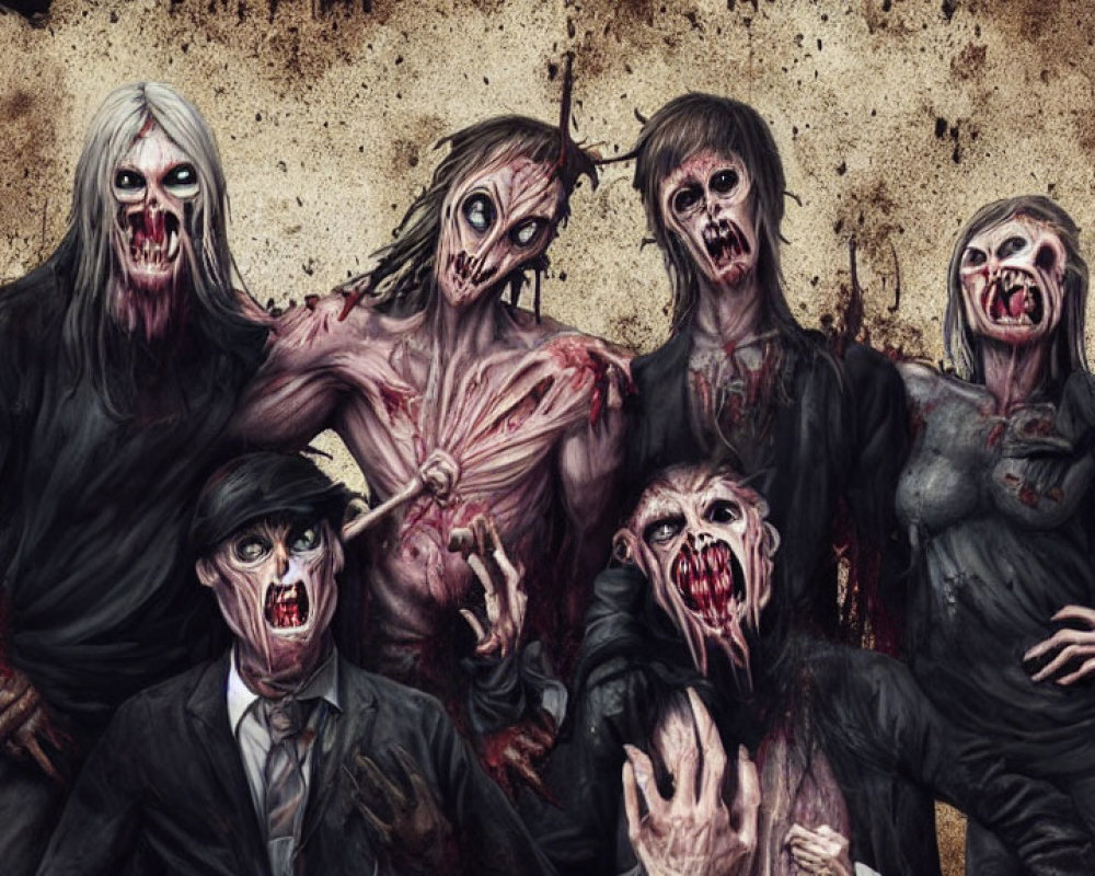 Seven Menacing Zombies in Dark Clothes on Grungy Background