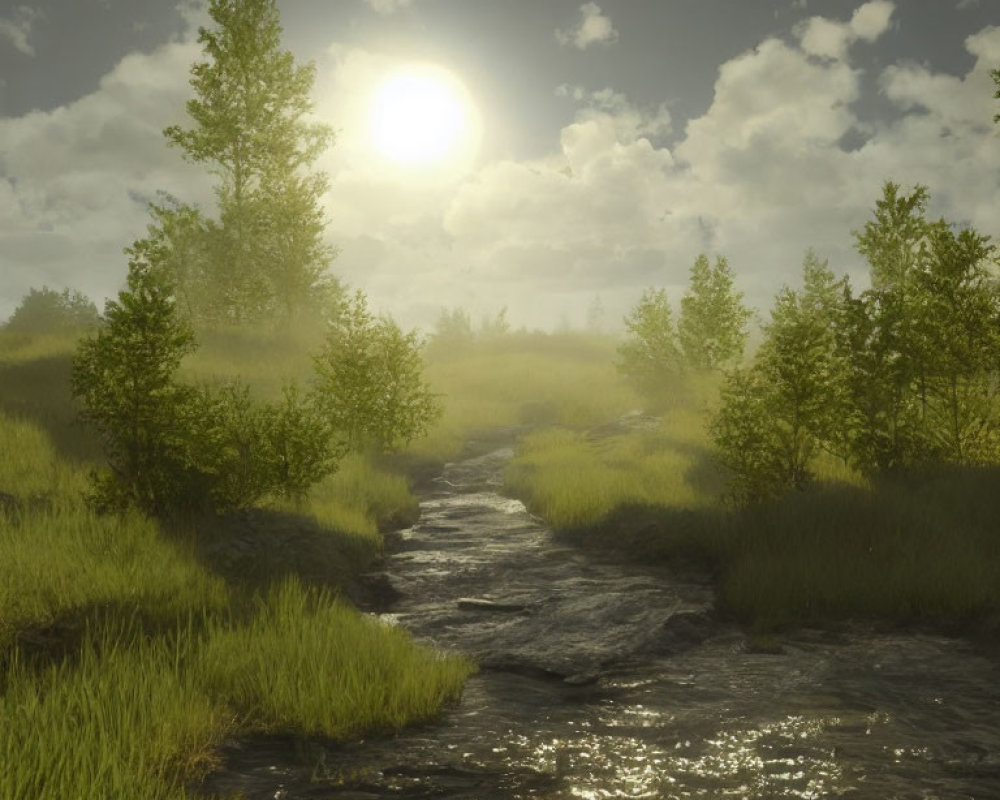 Tranquil sunset over lush meadow with winding stream