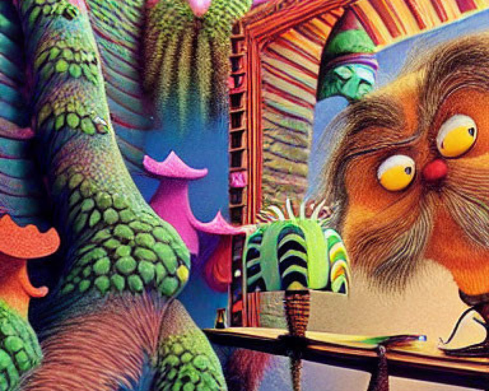 Colorful whimsical image of fluffy creature with expressive eyes in vibrant, alien-like setting