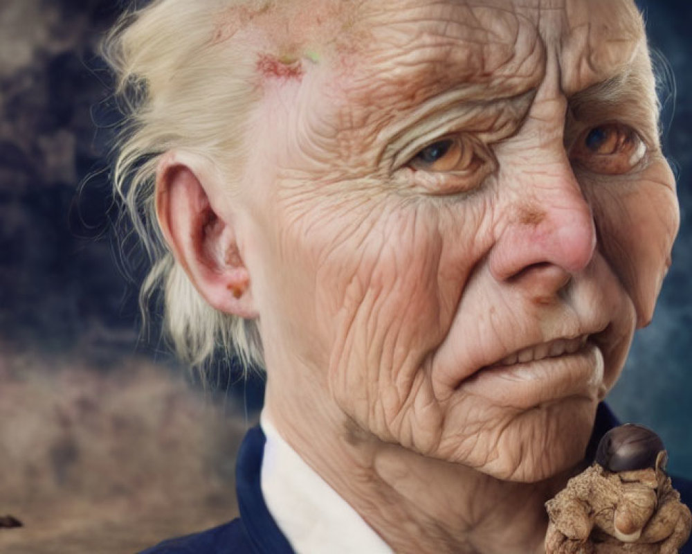 Elderly person with wrinkles holding figurine in stormy setting