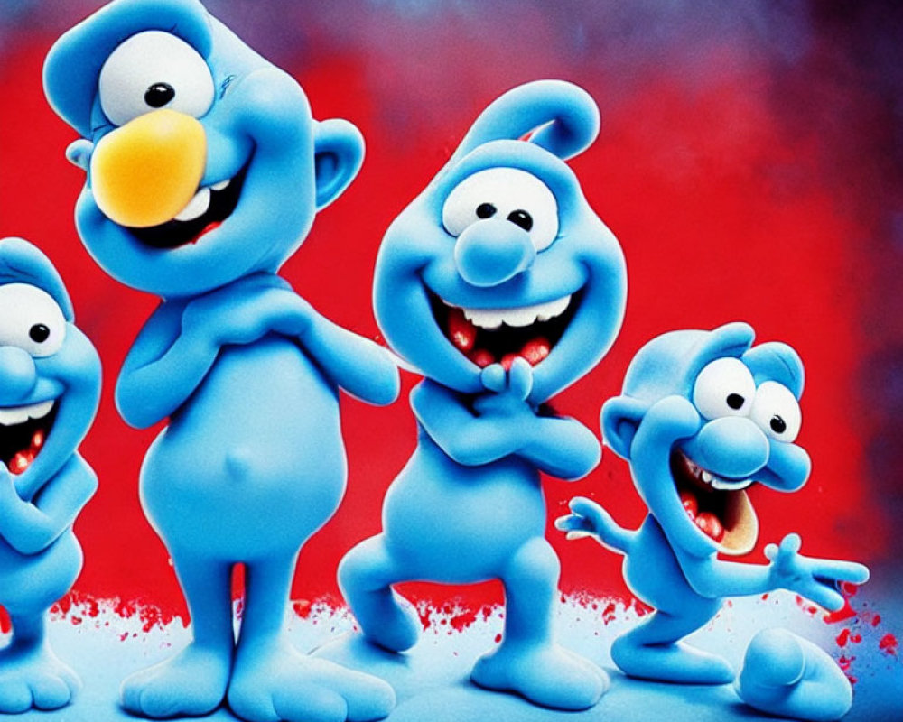 Four smiling blue animated characters against vibrant background