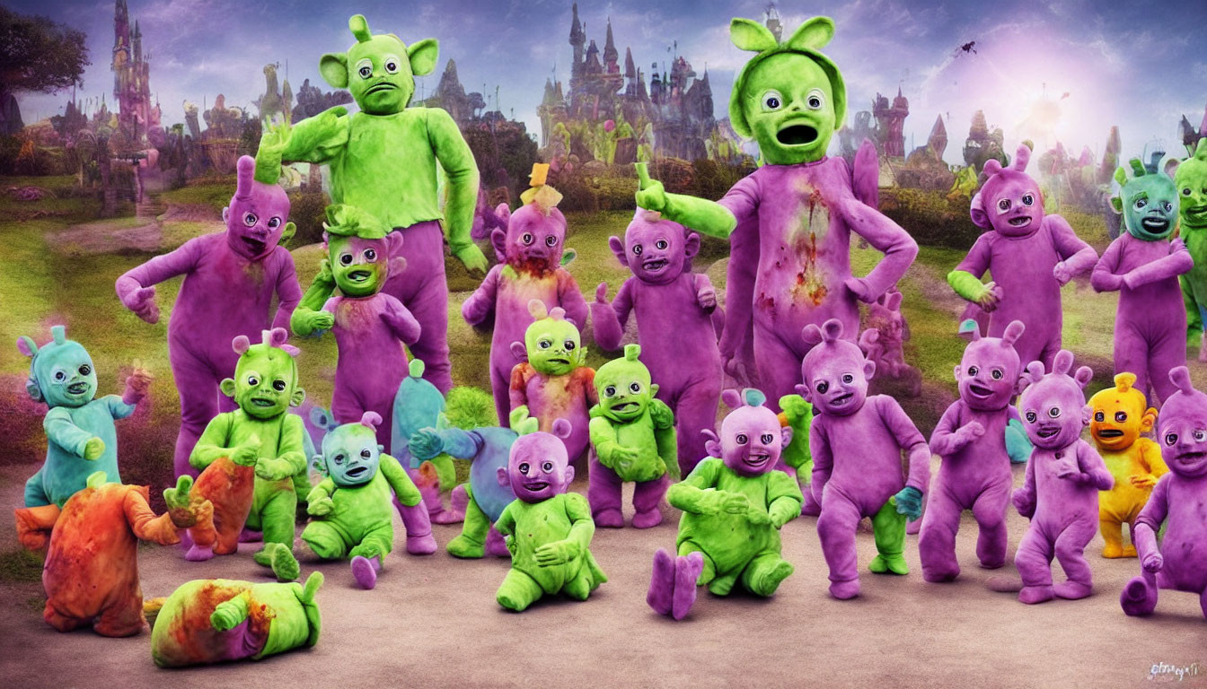 Colorful Teletubbies in Purple, Green, and Blue Fantasy Scene