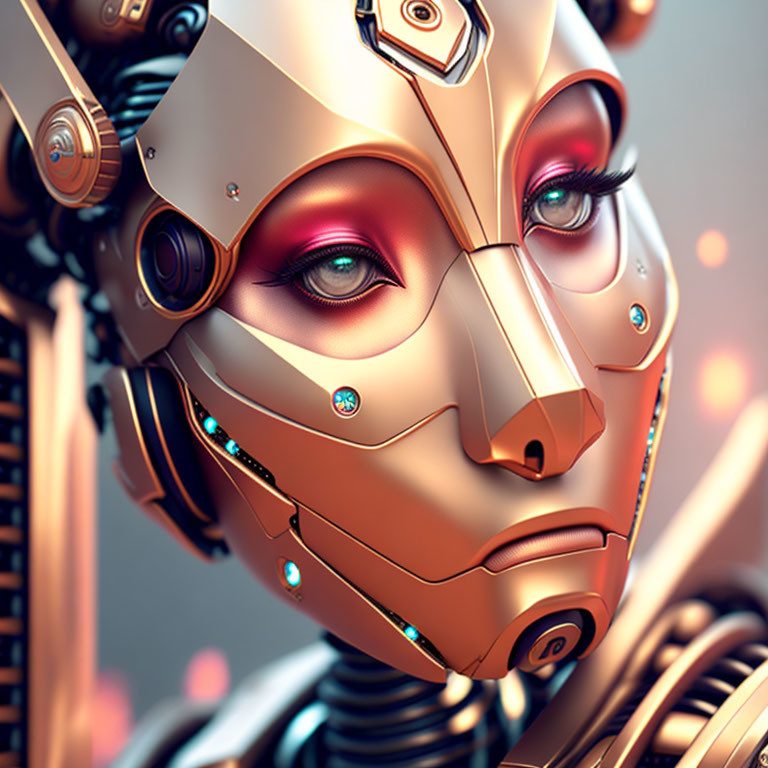 Highly detailed female robot with human-like face and glowing blue eyes