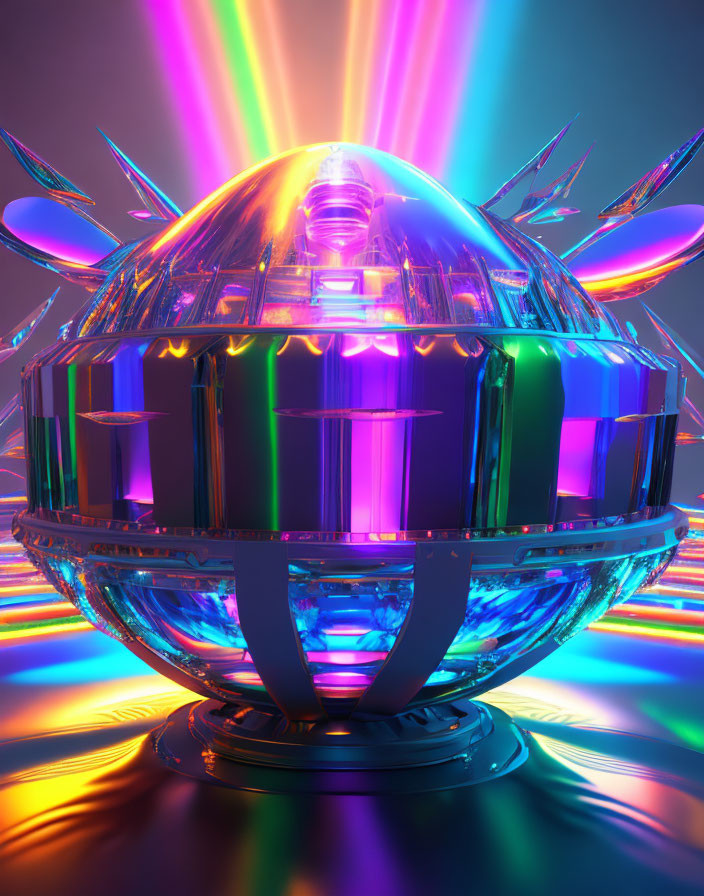 Futuristic spherical structure with neon lights and colorful patterns