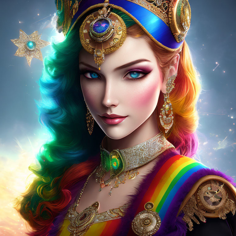 Colorful digital portrait of a woman with multi-colored hair and blue eyes in ornate attire