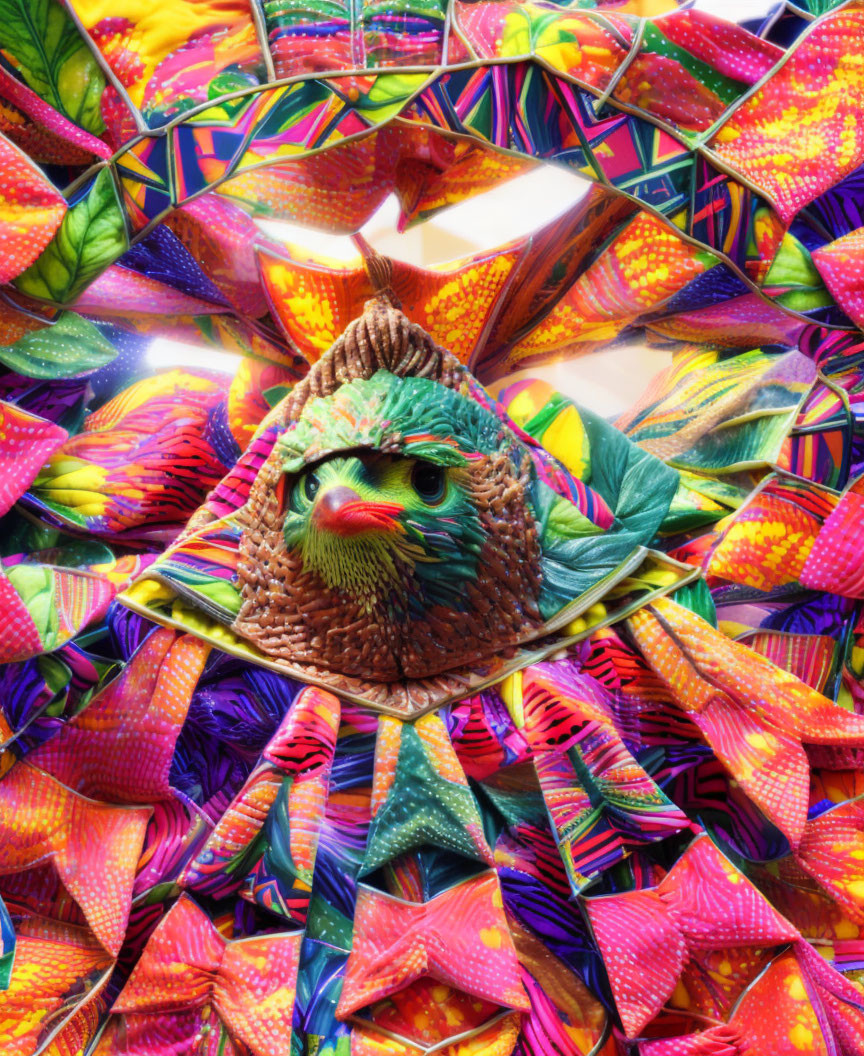 Colorful digital art: surreal parrot head in kaleidoscopic paper stars