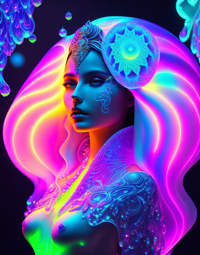 Vibrant neon body paint and rainbow hair on woman in mystical setting