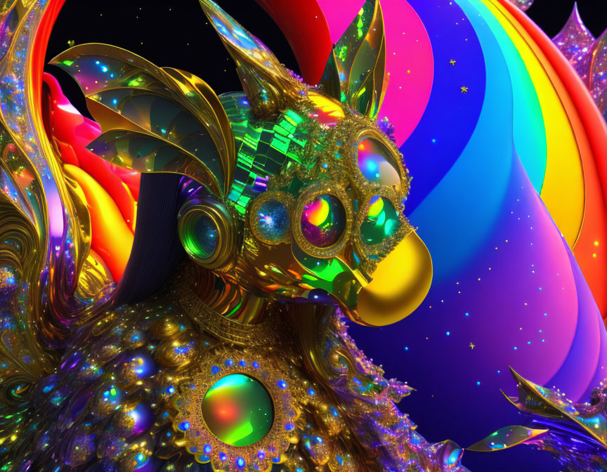 Colorful Abstract Creature with Iridescent Textures and Cosmic Background