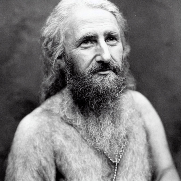 Monochrome portrait of elderly man with long hair and beard