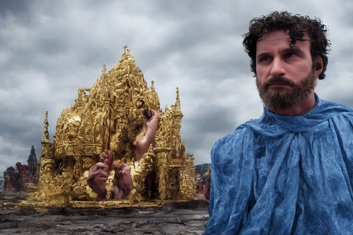 Man in Blue Robe Contemplating Ornate Golden Structure in Cloudy Sky