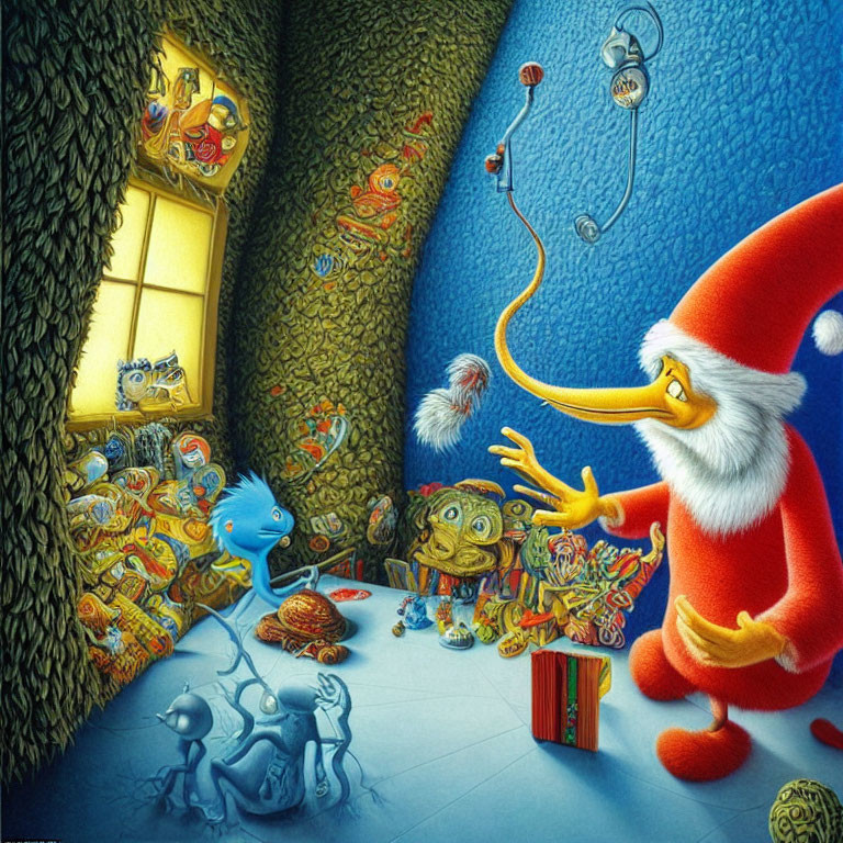 Colorful Santa-like figure with fantastical creatures in whimsical room