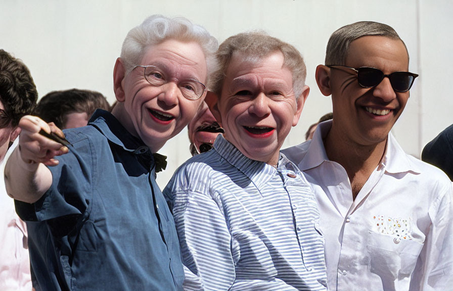 Three men posing together, two with caricature-like features, one in sunglasses