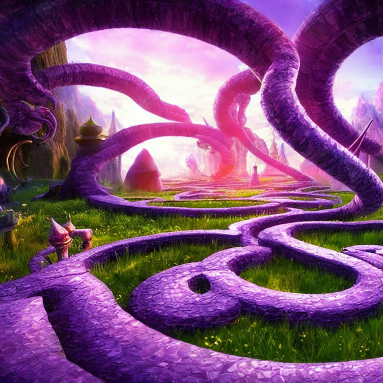 Fantasy landscape with purple tentacles, greenery, teapot, and cup