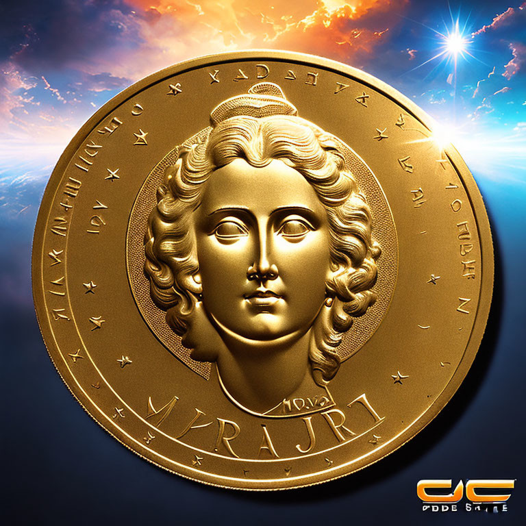 Golden coin with female face & Cyrillic text under starburst rays on cloudy sky