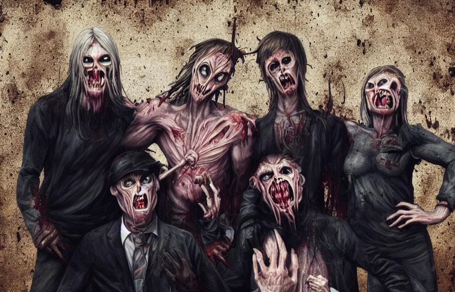 Seven Menacing Zombies in Dark Clothes on Grungy Background