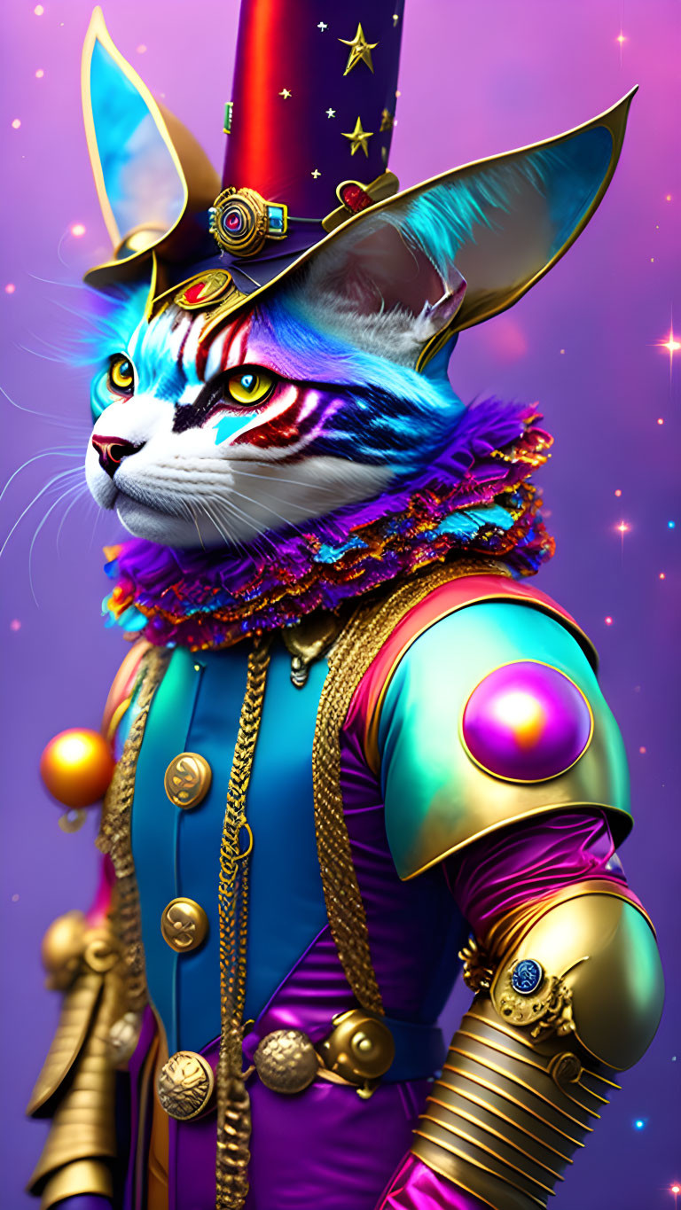 Anthropomorphic cat in ornate military uniform on purple starry background