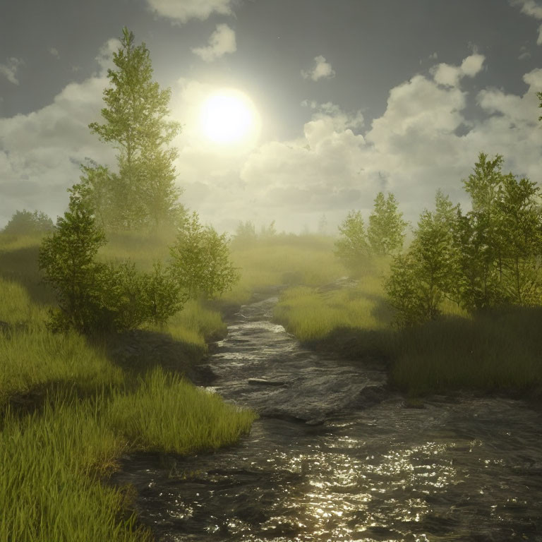 Tranquil sunset over lush meadow with winding stream