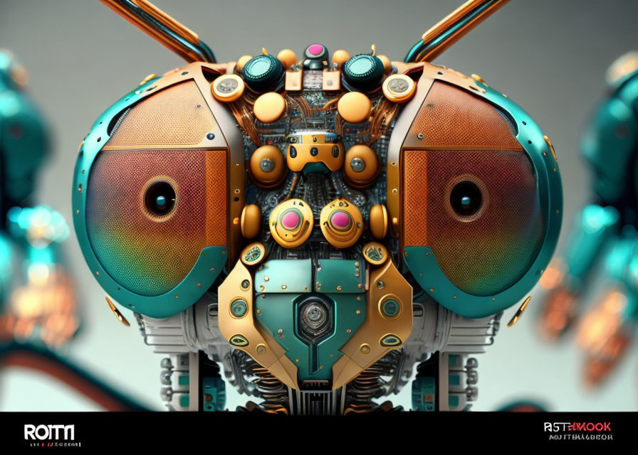 Symmetrical Robotic Head with Large Circular Eyes and Vibrant Teal-Orange Colors