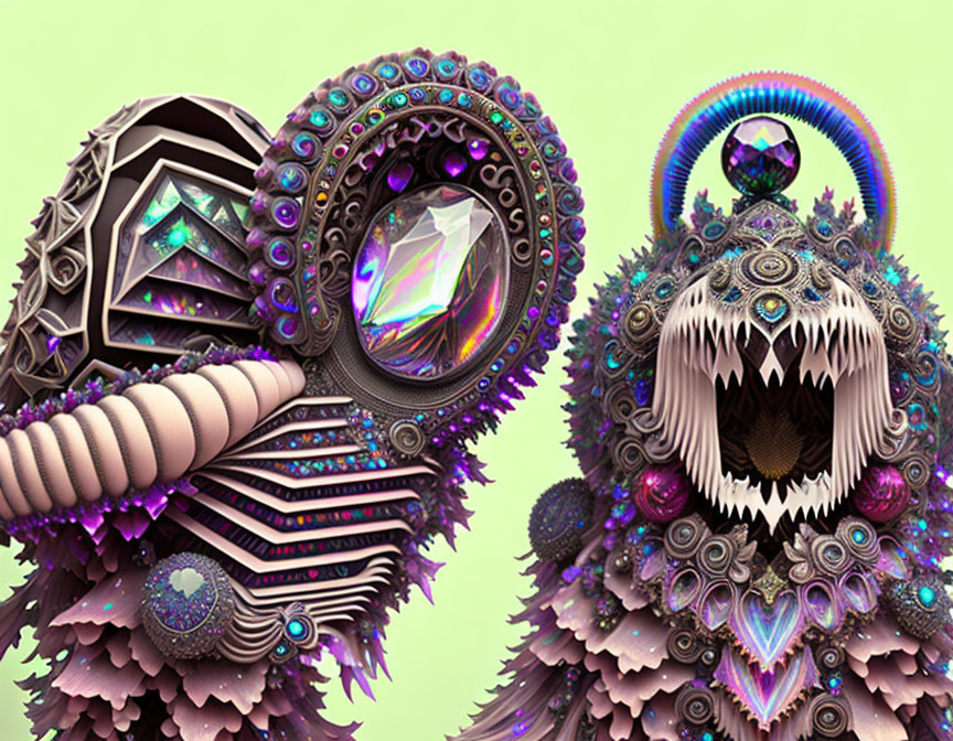 Colorful digital creatures with gemstones and intricate patterns on green background.