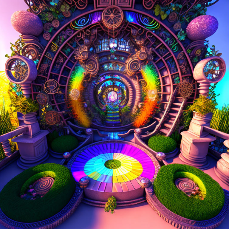 Fantasy portal with intricate designs in colorful garden setting