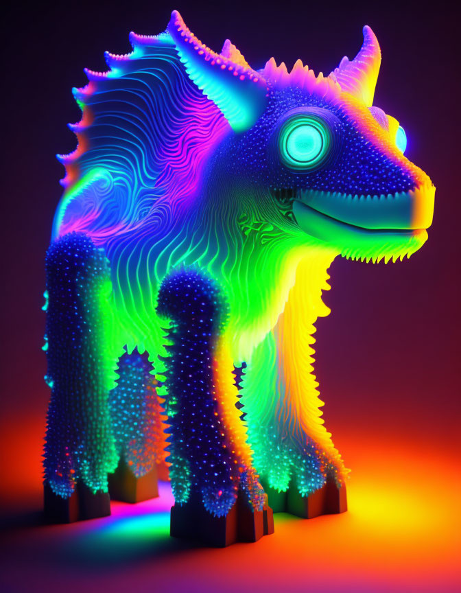 Colorful Neon Creature with Spikes and Gradient Textures on Dark Background