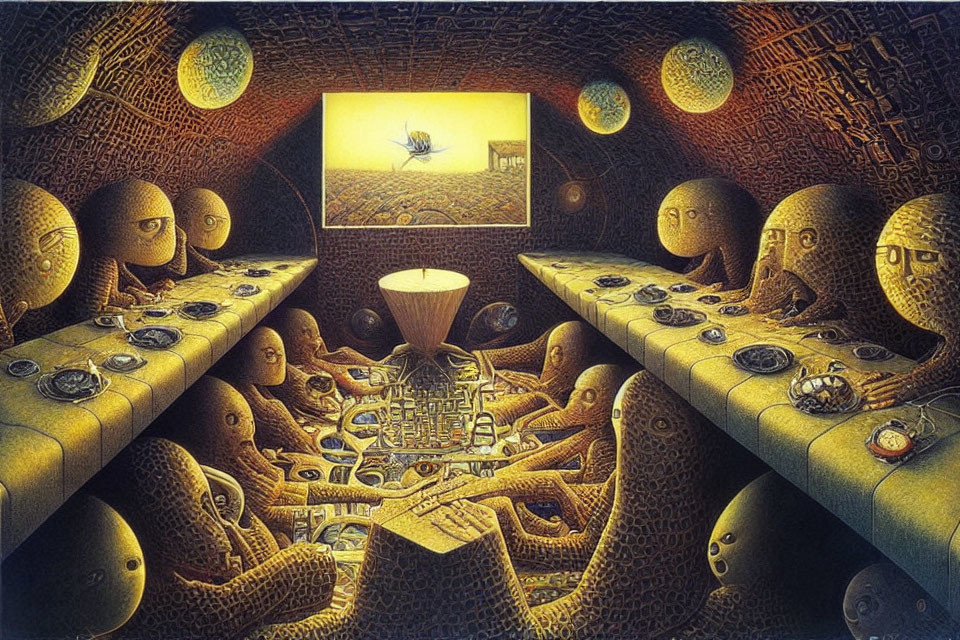 Surreal room with face-like shapes, hieroglyph engravings, objects, and lot