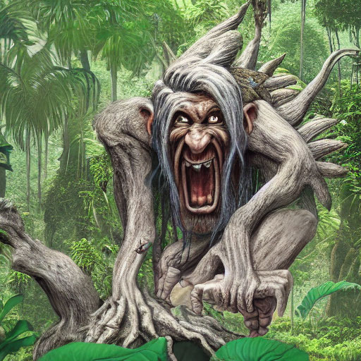 Tree with human-like face showing anger in dense jungle landscape