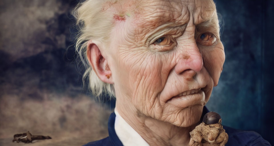 Elderly person with wrinkles holding figurine in stormy setting