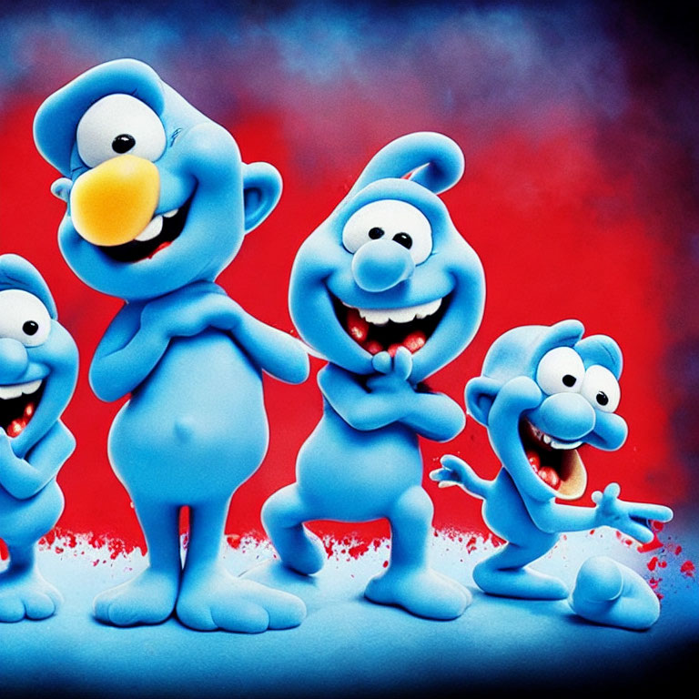 Four smiling blue animated characters against vibrant background