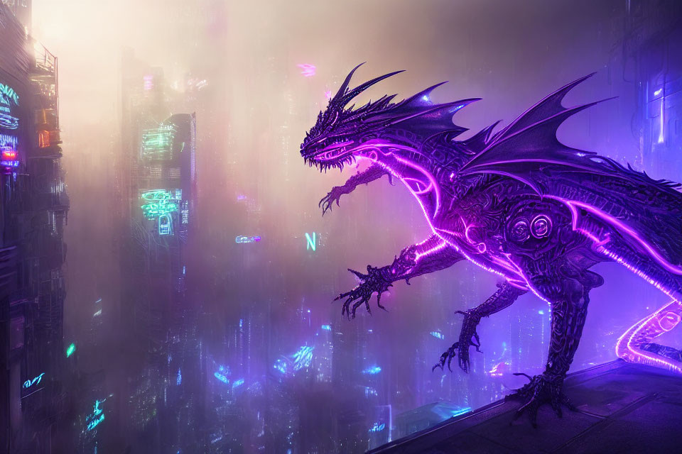 Cybernetic dragon with purple accents in neon-lit futuristic cityscape