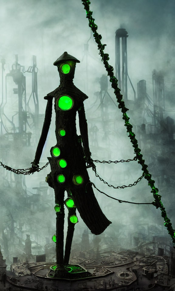 Giant figure with glowing green circles in foggy industrial setting