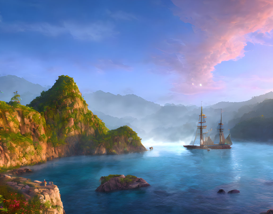 Tranquil cove with sailing ship, misty mountains, greenery, pastel sky