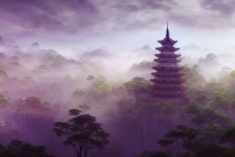 Majestic multi-tiered pagoda in mystical purple landscape