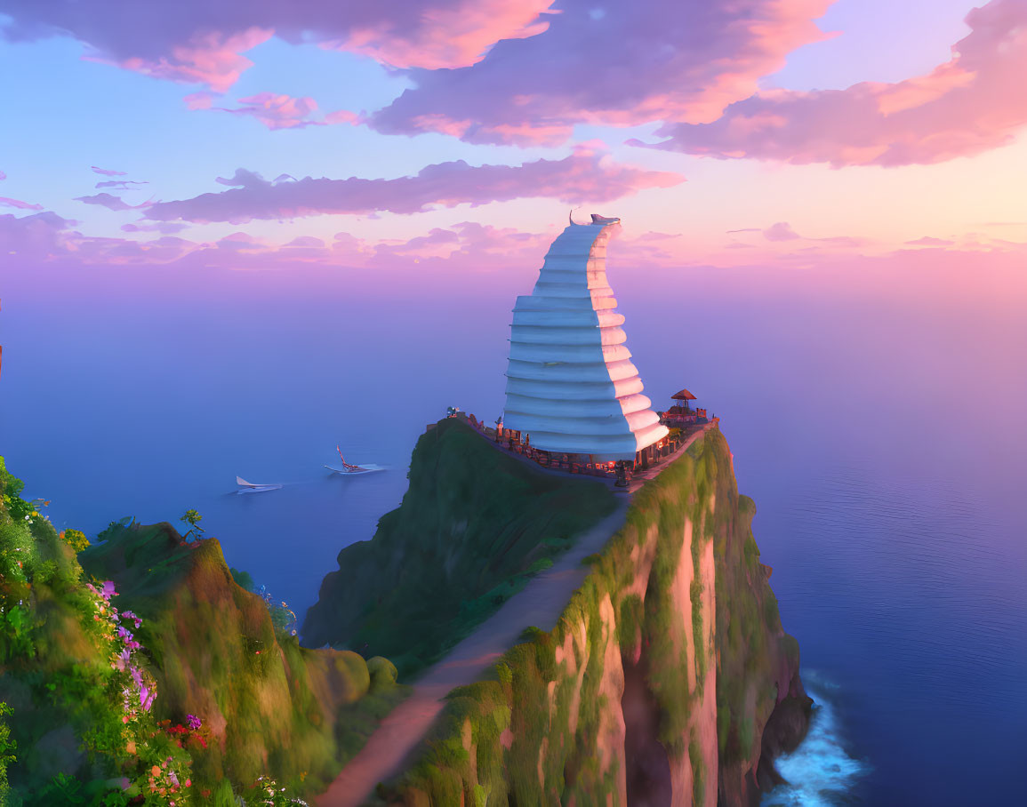 Towering Pagoda on Cliff Overlooking Sea at Sunset