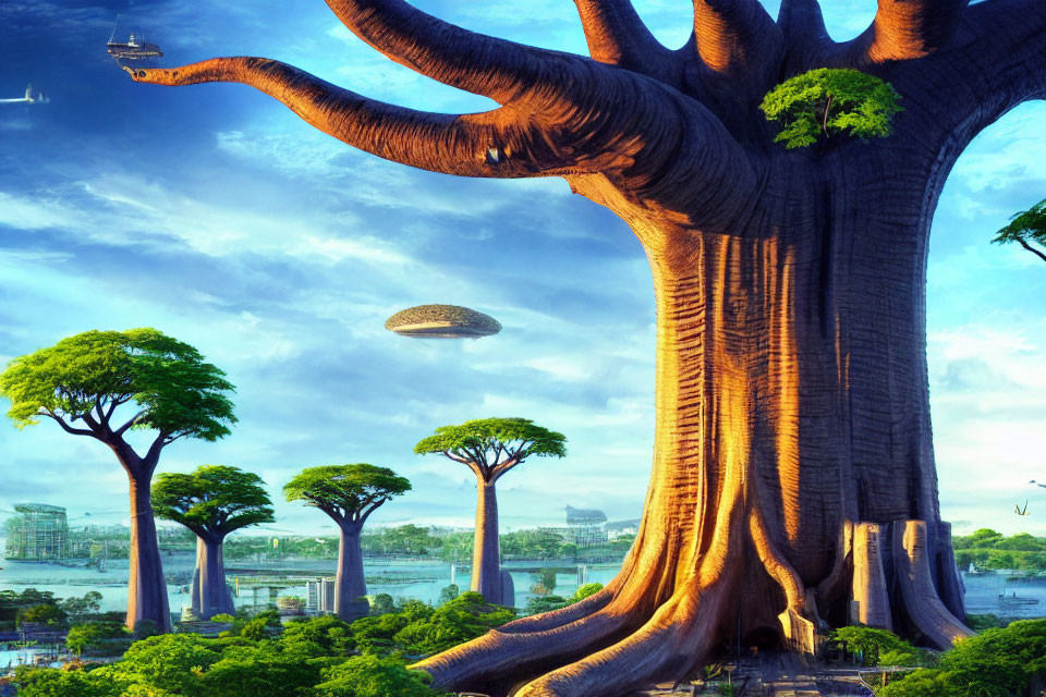 Giant tree in futuristic cityscape with flying saucer and smaller trees