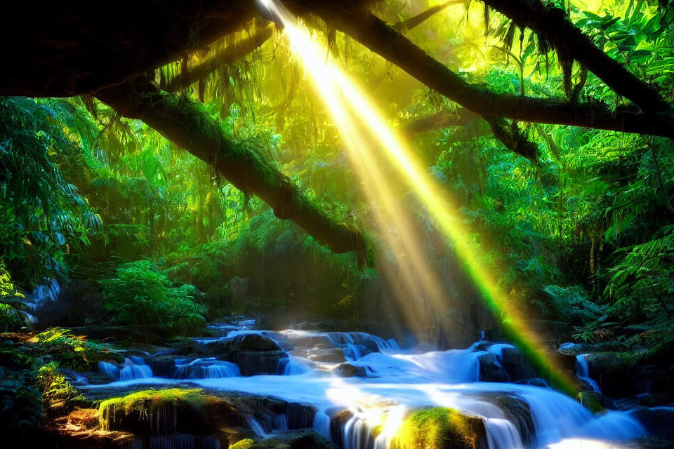 Sunlight through green forest canopy onto cascading waterfall