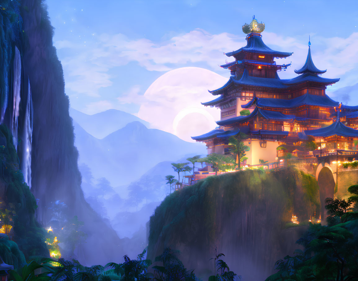 Serene fantasy landscape with pagoda, waterfall, mountains, and full moon