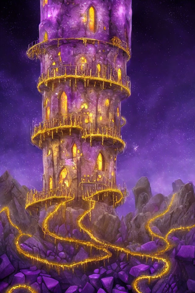 Mystical Purple Tower with Glowing Yellow Windows in Rocky Terrain