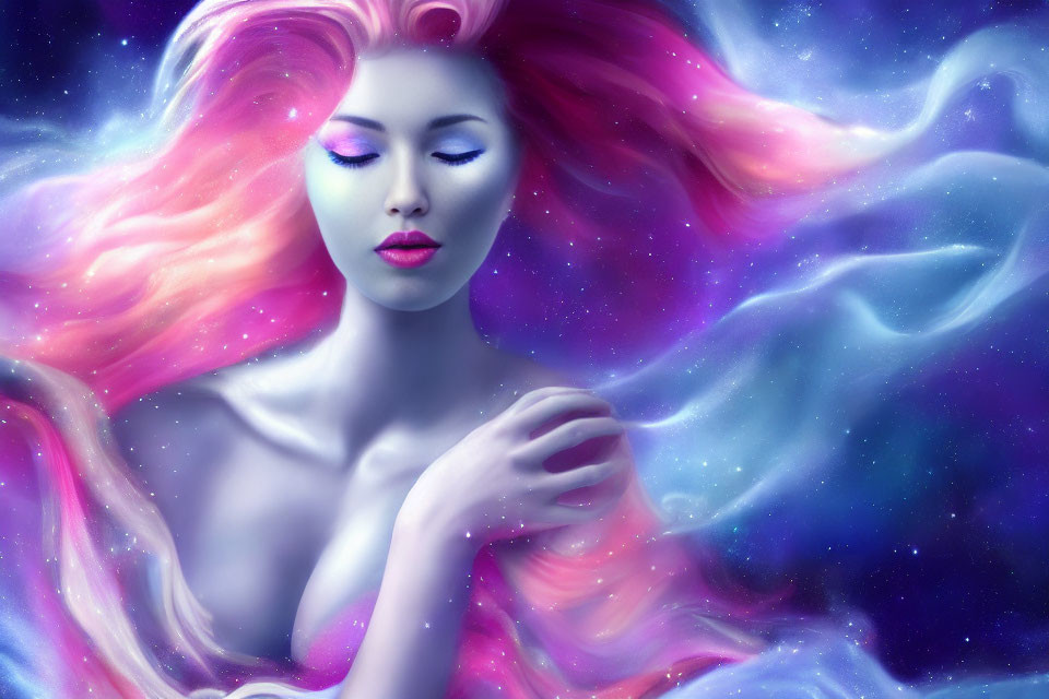 Vibrant digital artwork of woman with pink hair and cosmic background