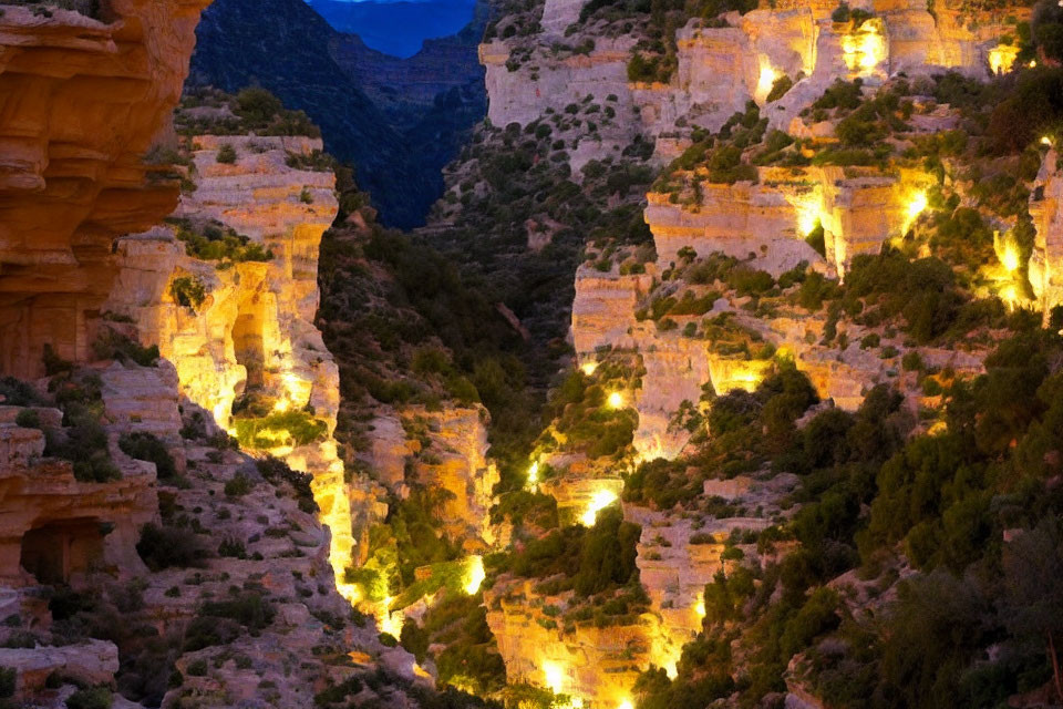 Twilight canyon with illuminated pathways