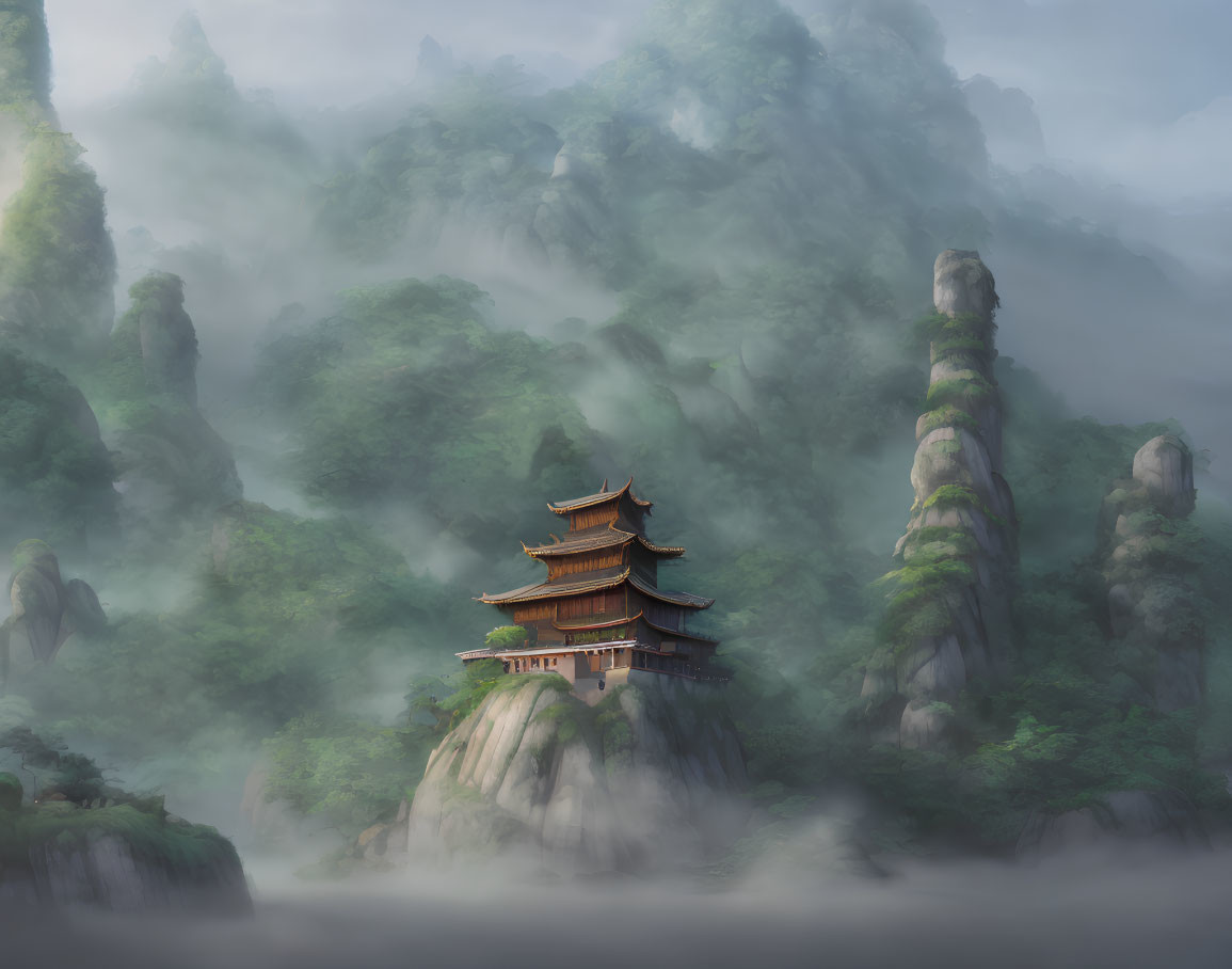 Traditional East Asian Pagoda on Misty Mountain with Karst Formations