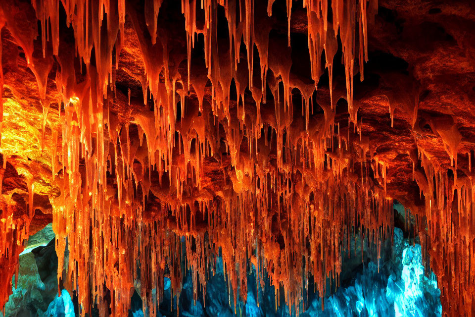 Dramatic cave with illuminated stalactites in warm orange and cool blue lighting