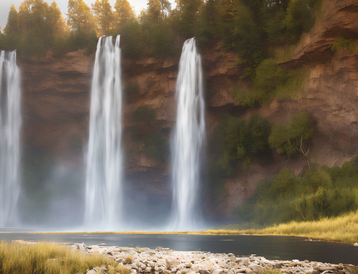 Majestic waterfalls cascading down tall cliff at sunrise