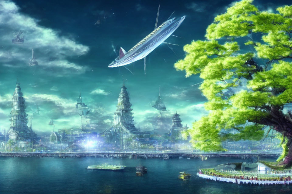 Futuristic cityscape with floating structures, airships, green trees, and waterfront