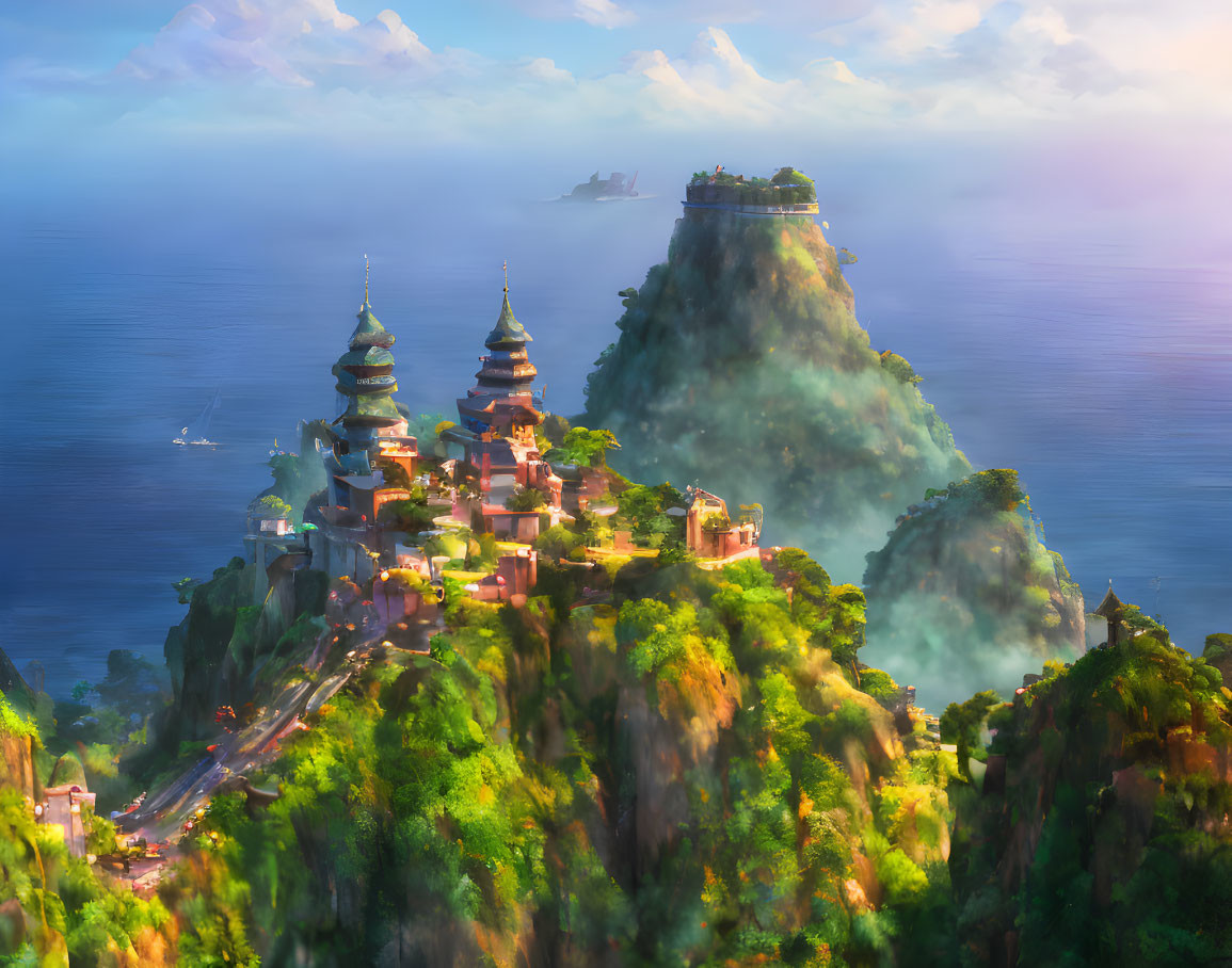 Majestic coastal landscape: towering cliffs, oriental pagodas, misty sunset.