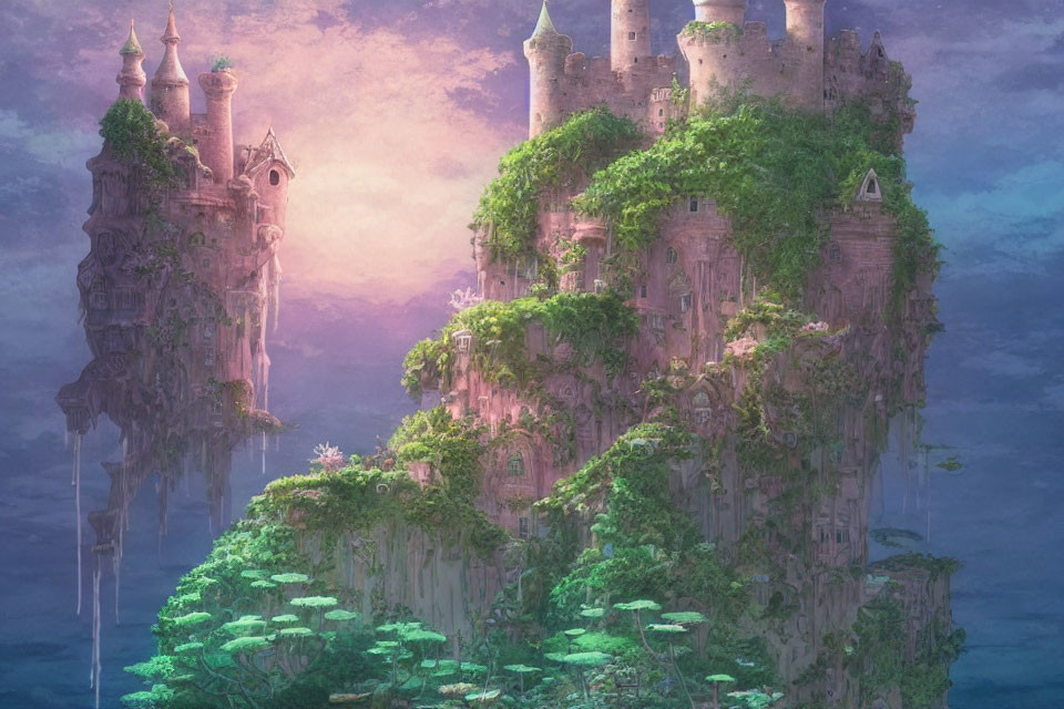 Fantastical castle on floating island surrounded by lush greenery at sunset