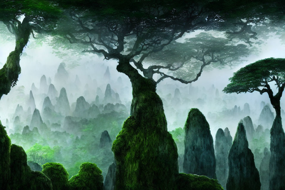 Mystical Green Forest with Dense Fog and Towering Trees