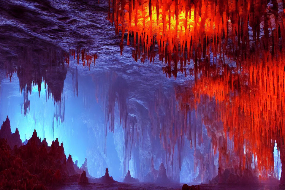 Majestic cave with icicle ceiling and blue-lit formations