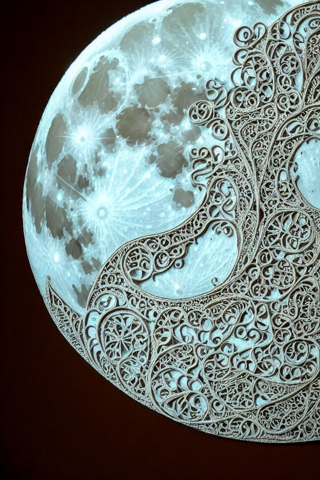 Intricate lace-like patterns on a detailed half-moon against a dark background