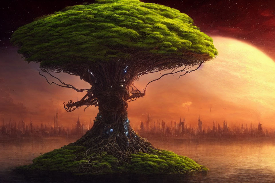 Majestic mystical tree overlooking industrial cityscape at dusk